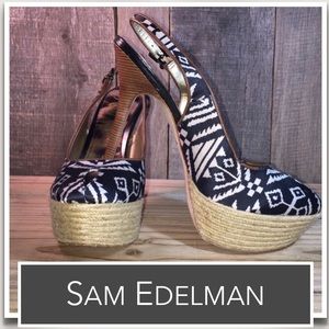 Sam Edelman Novato Peep Toe Leather Slingbacks Black-White Silk in Aztec Pattern